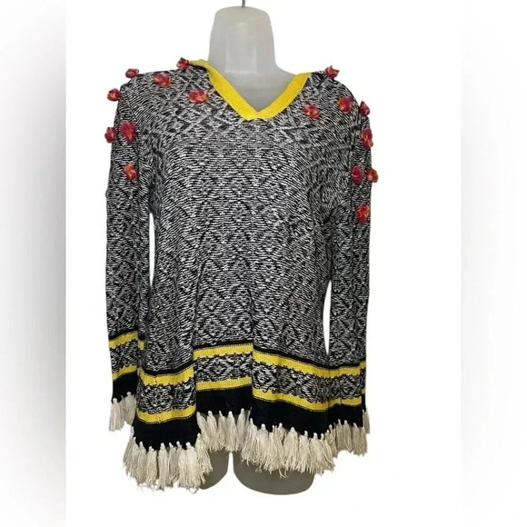 Tory Burch Runway Hooded Sweater XS 100% Linen Fringe Floral Rosette Boho Knit - Picture 2 of 6